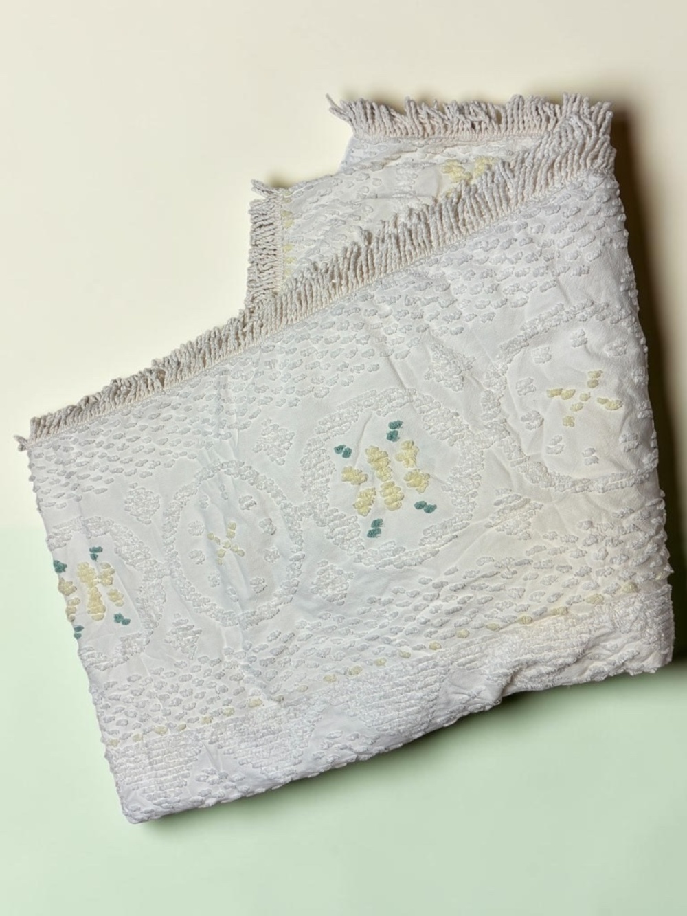 Vintage Cream/Beige Fringed Chenille Cotton Queen Bedspread Coverlet